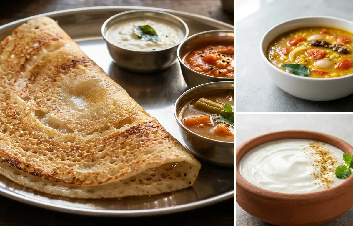 Dosa with Sambhar with Coconut Chutney with Dahi