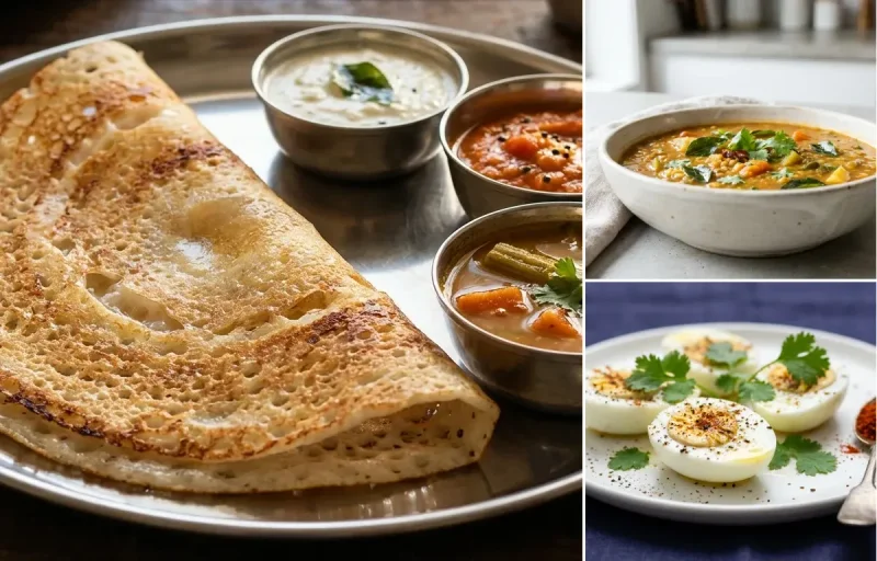 Dosa with Sambar with Coconut Chutney with Boiled Egg Whites with Chaas