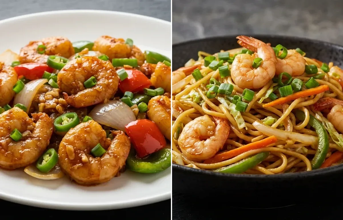 Dry Garlic Prawns with Prawn Hakka Noodles