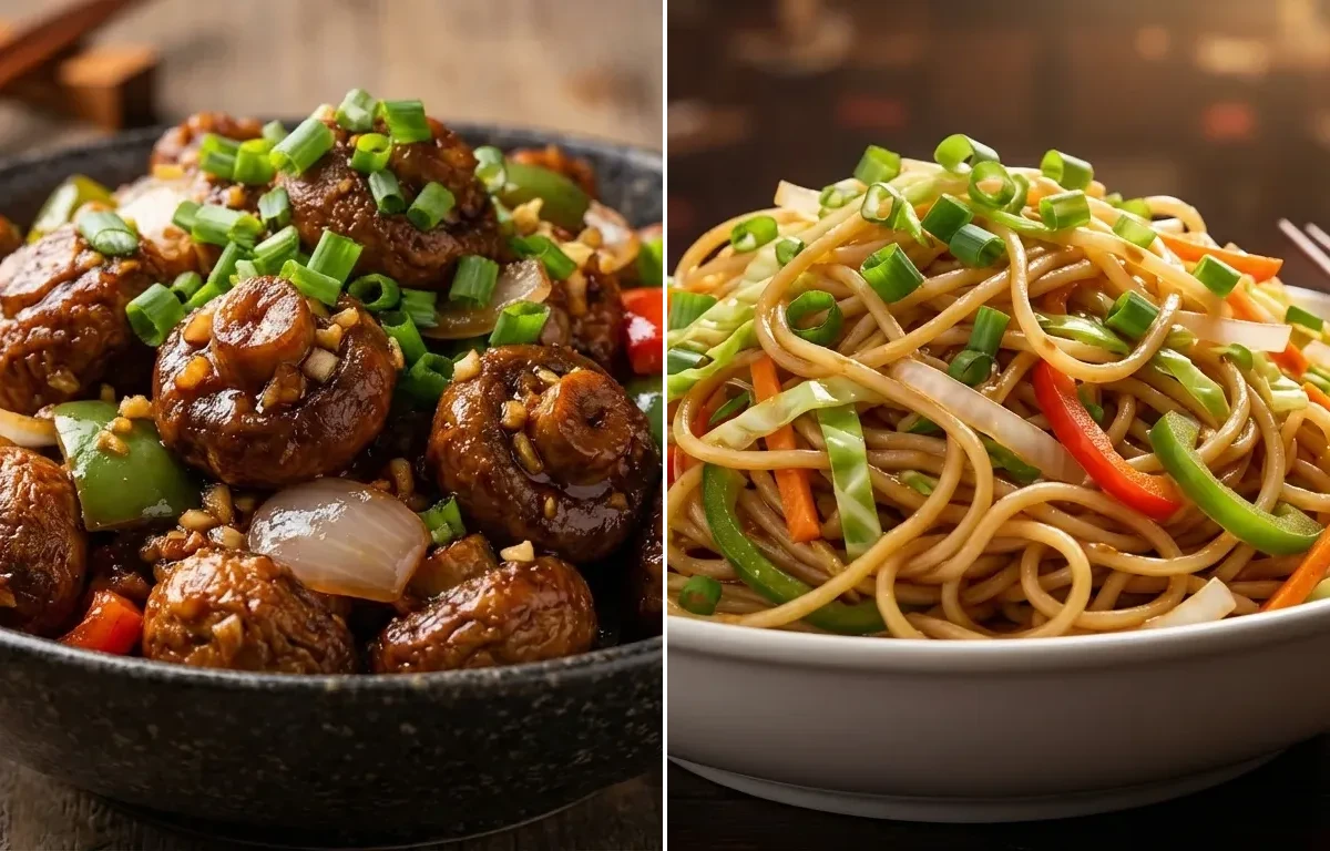 Dry Mushroom Manchurian with Veg Hakka Noodles