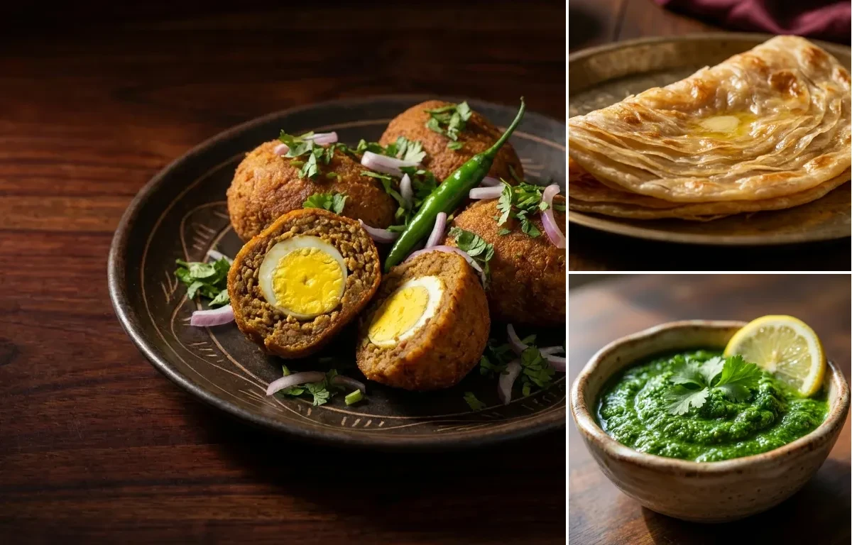 Dry Nargisi Kofta with Warqi Paratha and Coriander Chutney