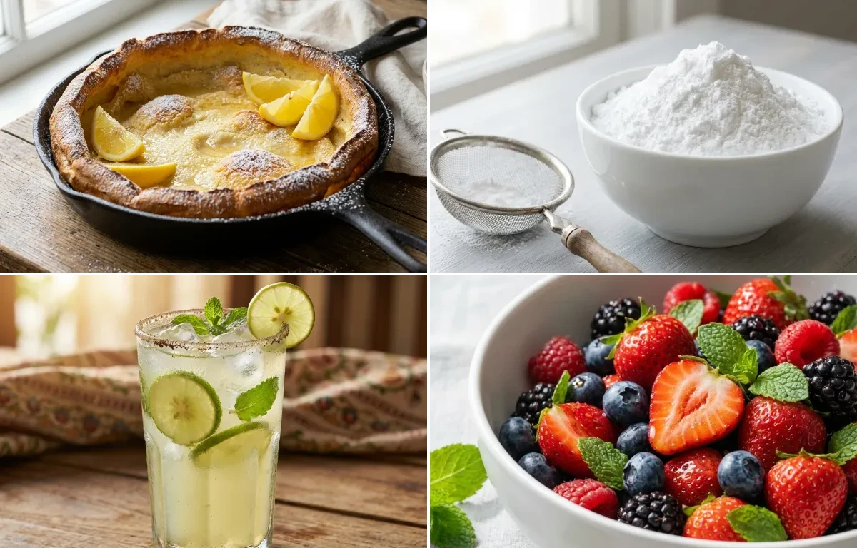 Dutch Baby Pancake with Powdered Sugar, Nimbu Pani and Mixed Berry Salad