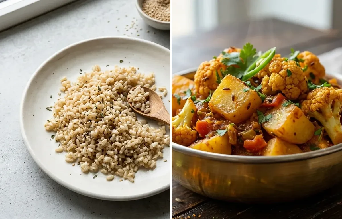 Edamame Cup with Cooked Steamed White Rice Half Cup and Aloo Gobi
