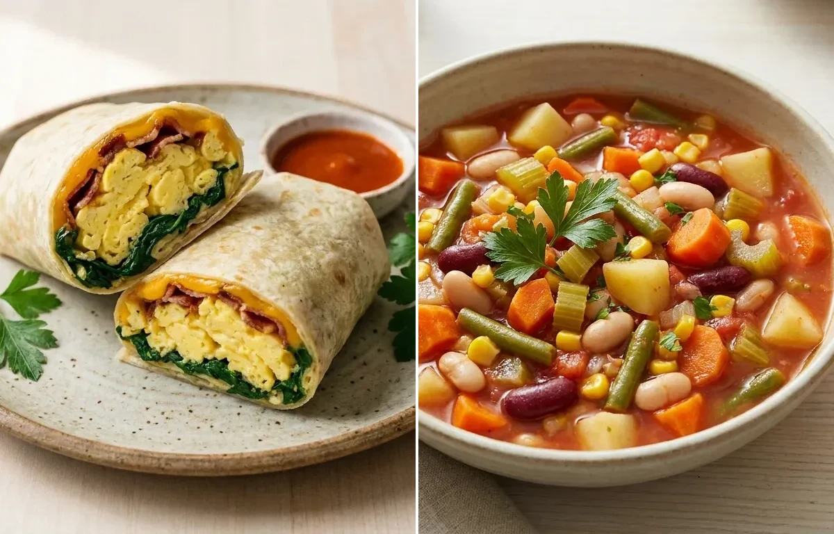 Egg And Spinach Wrap with Vegetable And Bean Soup