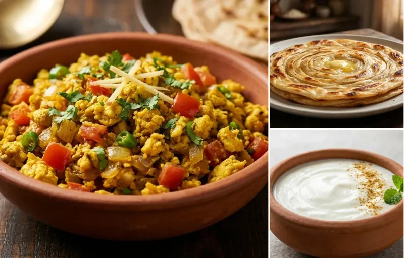 Egg Bhurji with Lachha Paratha and Dahi