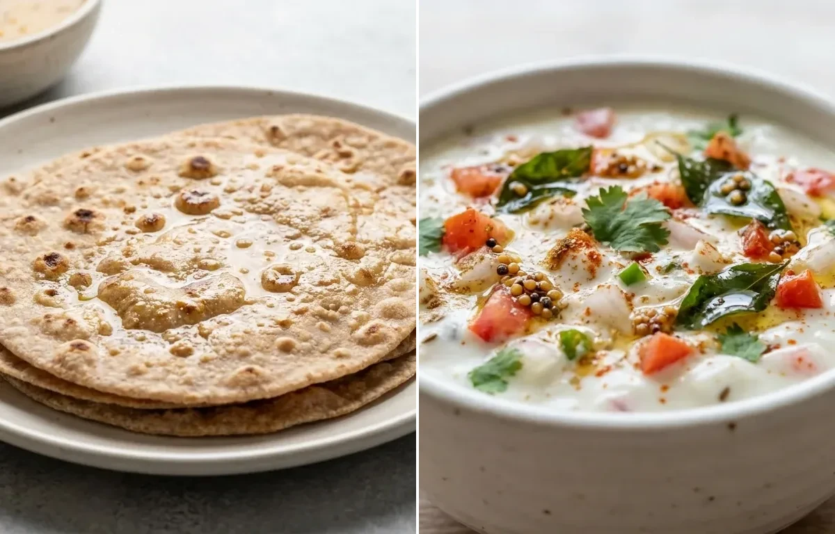 Egg Bhurji Main with No-Salt Whole Wheat Roti and Onion Tomato Raita