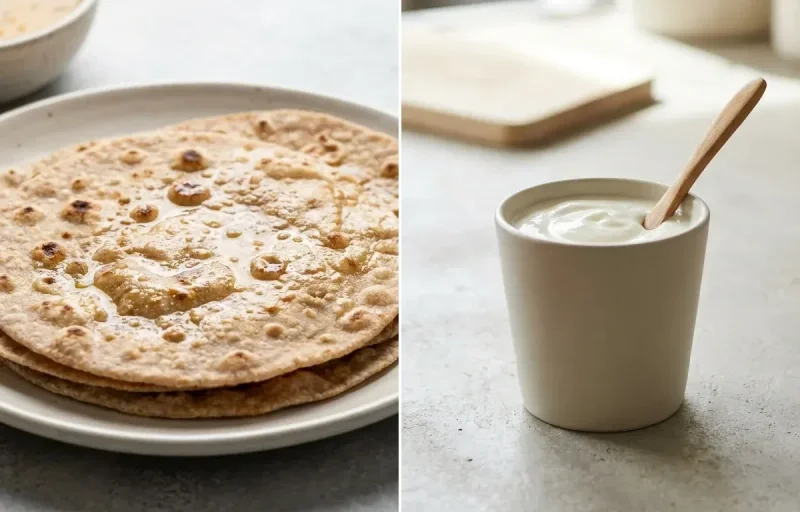 Egg Bhurji Main with No-Salt Whole Wheat Roti and Plain Yogurt Cup