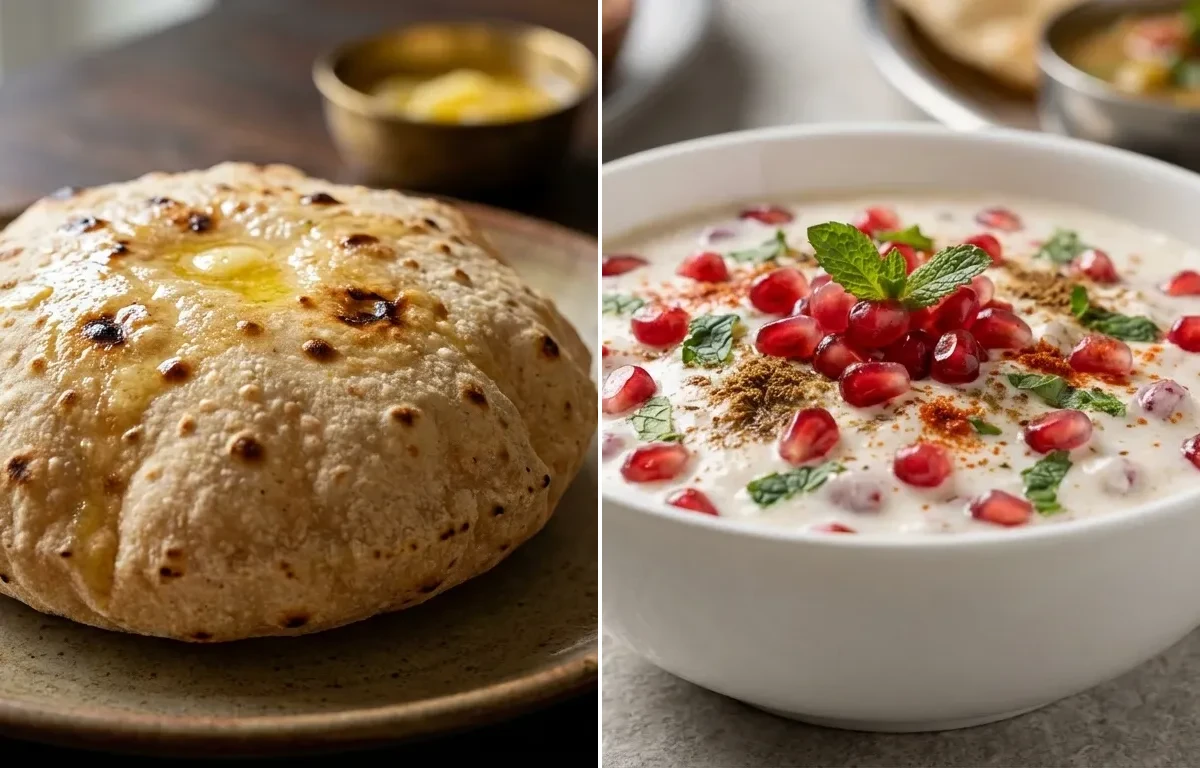 Egg Bhurji Main with Phulka and Pomegranate Raita