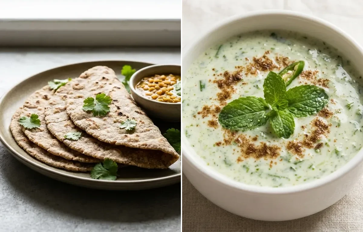 Egg Bhurji Main with Vegan Jowar Roti and Mint Raita