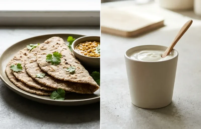 Egg Bhurji Main with Vegan Jowar Roti and Plain Yogurt Cup