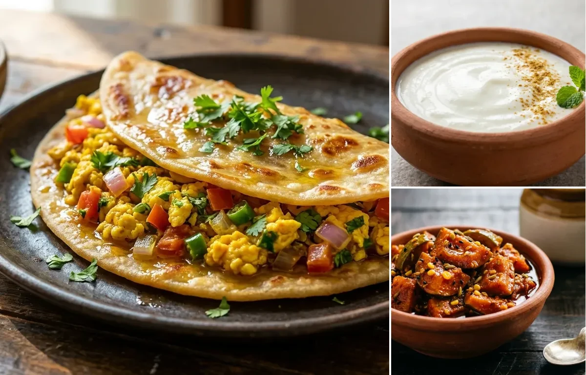 Egg Bhurji Paratha with Dahi and Mango Pickle