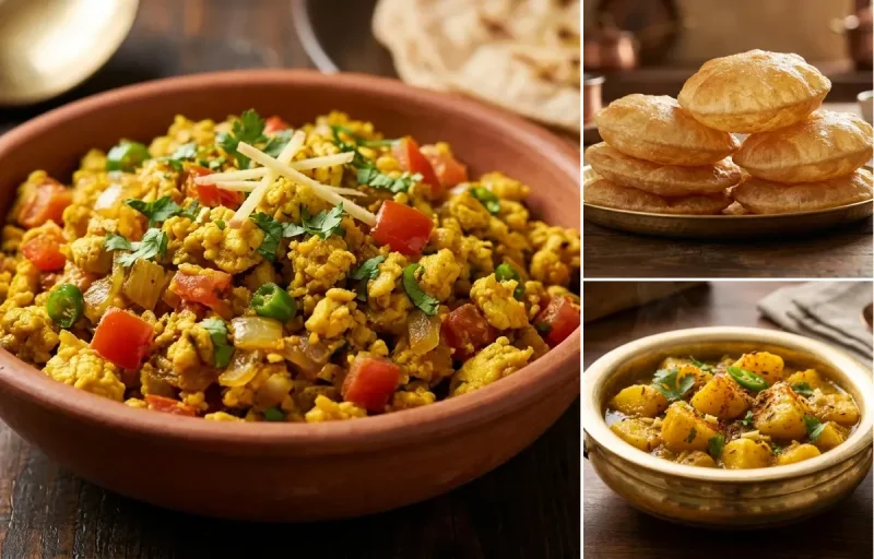 Egg Bhurji with Puri and Aloo Sabzi