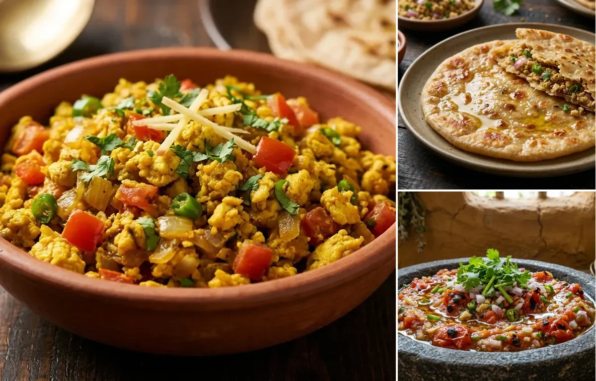 Egg Bhurji with Sattu Paratha and Tamatar Chokha