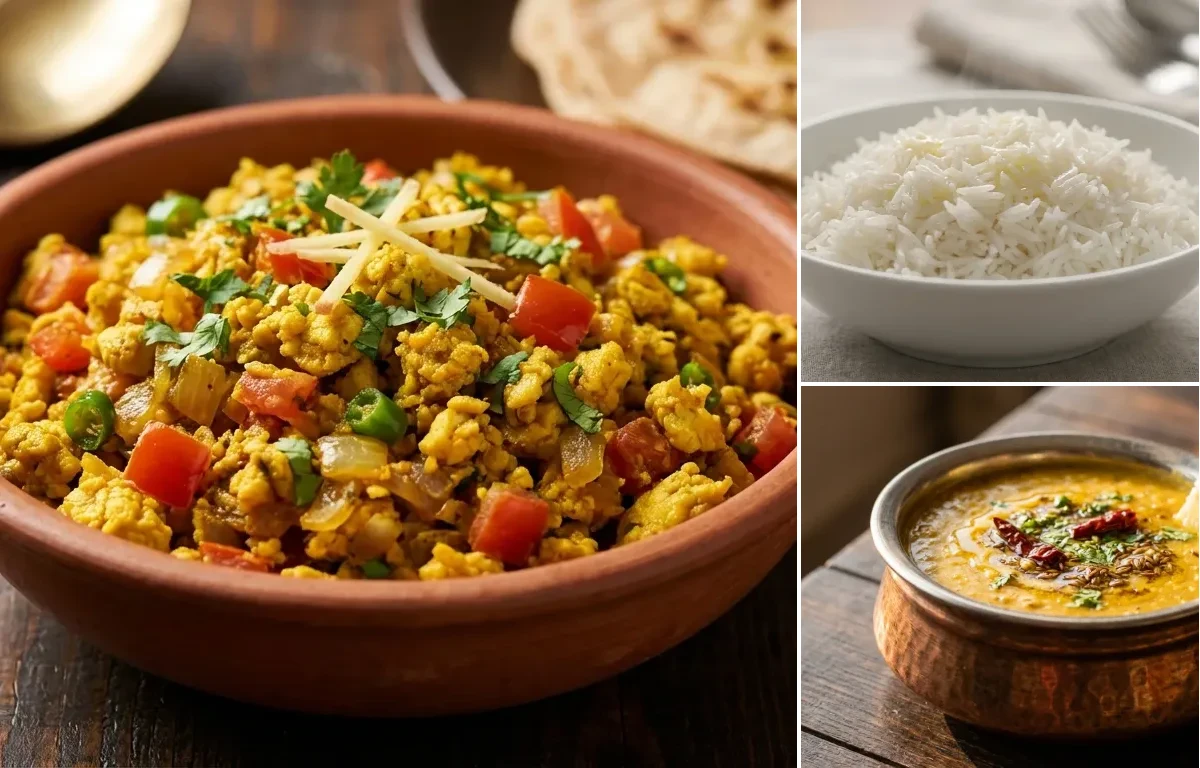 Egg Bhurji with Steamed Basmati Rice and Dal Fry