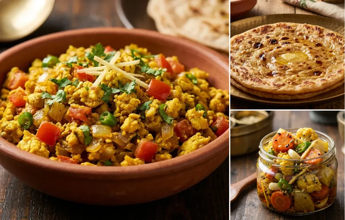 Egg Bhurji with Tawa Paratha and Vegetable Achaar