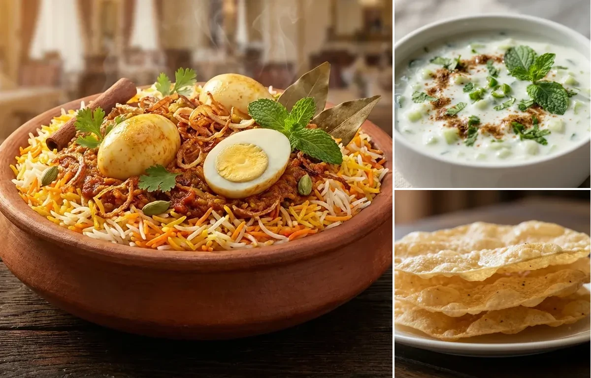 Egg Biryani with Cucumber Raita and Pappadam