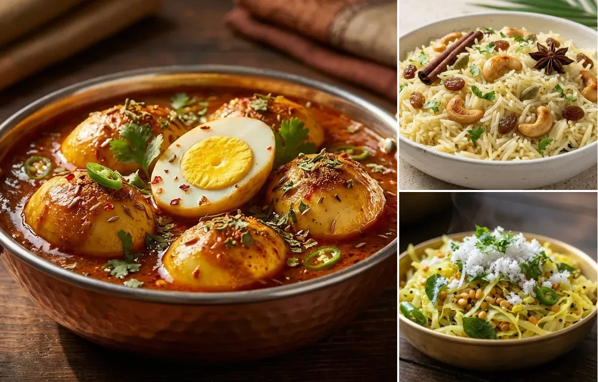 Egg Curry with Goan Coconut Rice and Cabbage Foogath