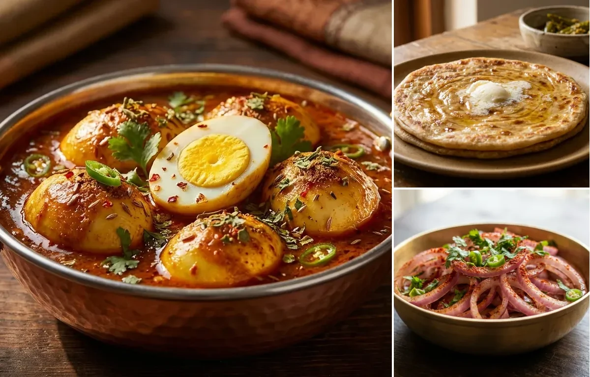 Egg Curry with Paratha and Onion Salad