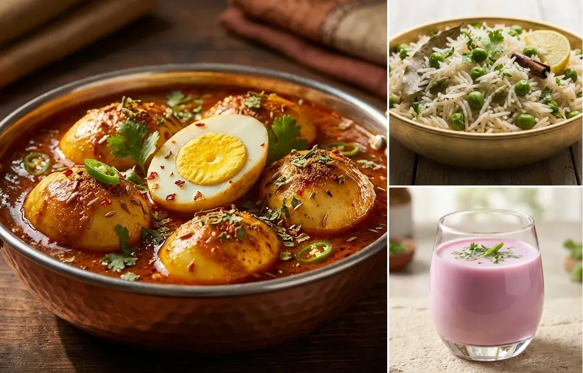 Egg Curry with Peas Pulao and Konkani Solkadi