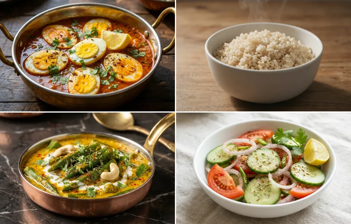 Egg Curry with Steamed White Rice with Shahi Bhindi with Green Salad