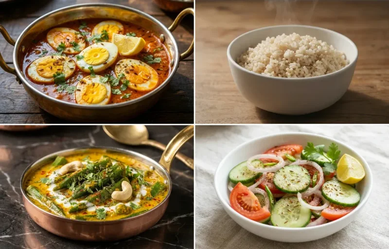 Egg Curry with Steamed White Rice with Shahi Bhindi with Green Salad