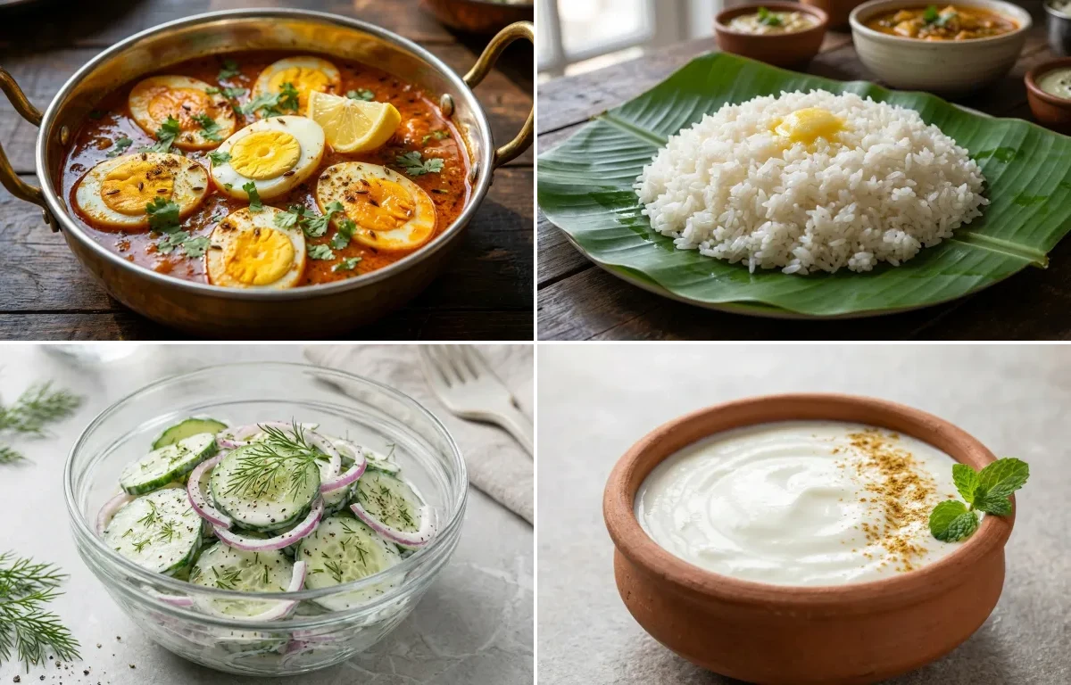 Egg Curry with Steamed White Rice with Cucumber Salad with Dahi
