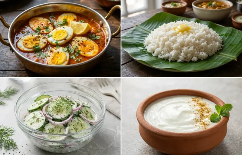 Egg Curry with Steamed White Rice with Cucumber Salad with Dahi