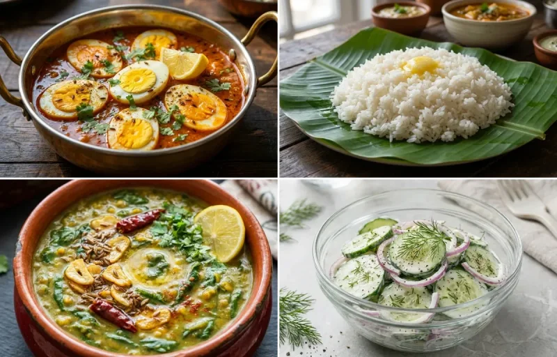 Egg Curry with Steamed White Rice with Dal Palak with Cucumber Salad