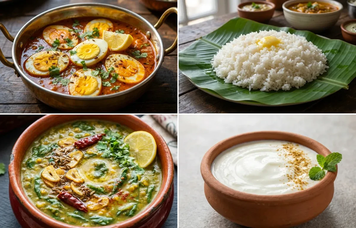 Egg Curry with Steamed White Rice with Dal Palak with Dahi