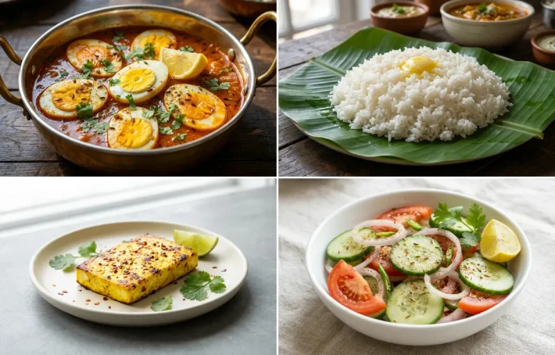 Egg Curry with Steamed White Rice with Paneer Slab with Green Salad