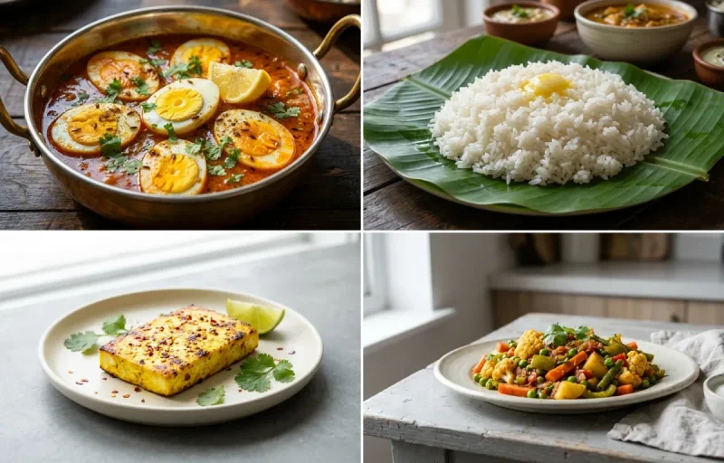 Egg Curry with Steamed White Rice with Paneer Slab with Mixed Vegetable Sabzi with Dahi (7