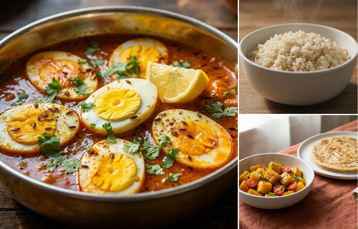 Egg Curry with Steamed White Rice with Kaddu Sabzi With Paratha