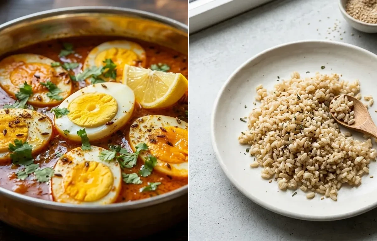 Egg Curry with Cooked Steamed White Rice Half Cup and Cucumber Carrot Sticks With Mint Yogurt Dip