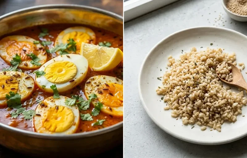 Egg Curry with Cooked Steamed White Rice Half Cup and Cucumber Carrot Sticks With Mint Yogurt Dip