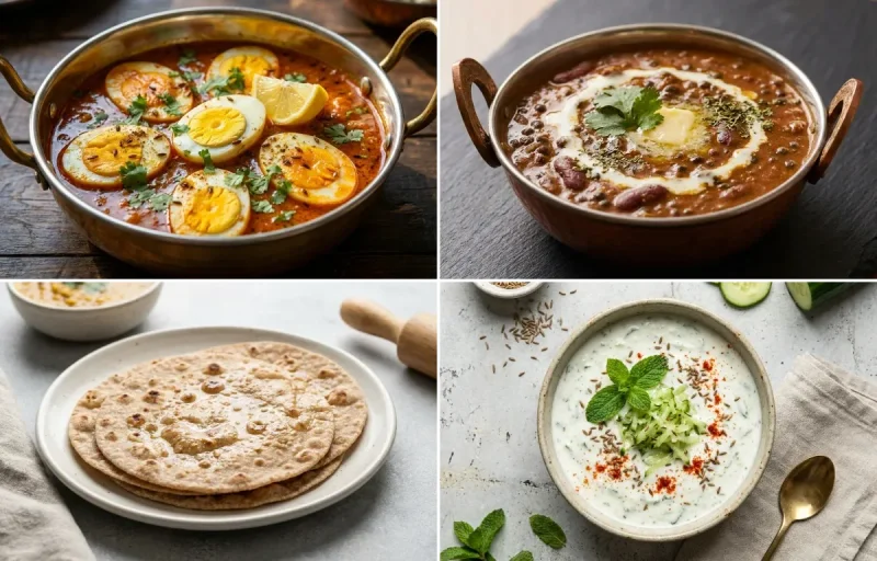 Egg Curry with Dal Makhani, No-Salt Whole Wheat Roti and Cucumber Mint Raita