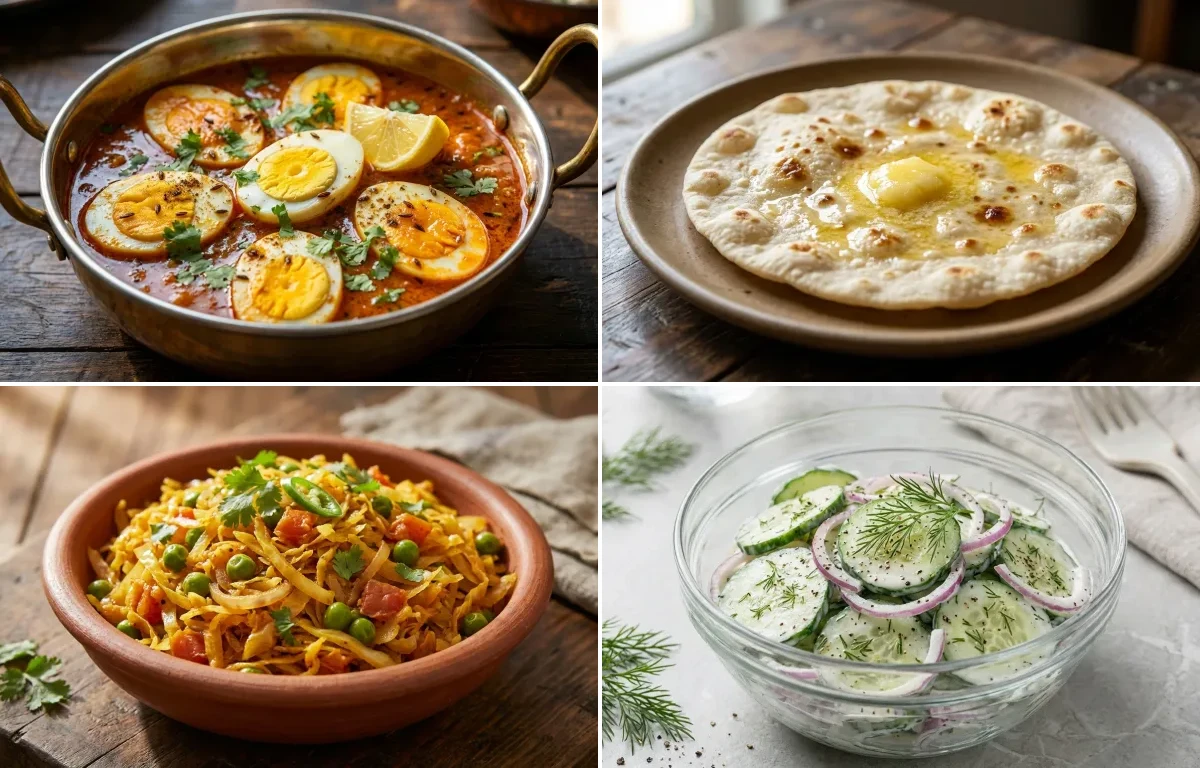 Egg Curry with Jowar Roti with Cabbage Sabzi with Cucumber Salad