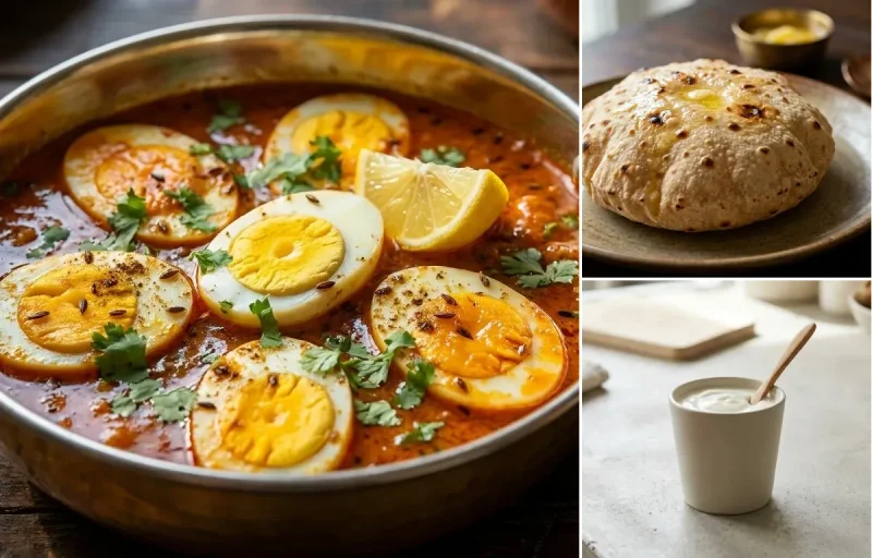 Egg Curry with Palak Dal, Phulka and Plain Yogurt Cup