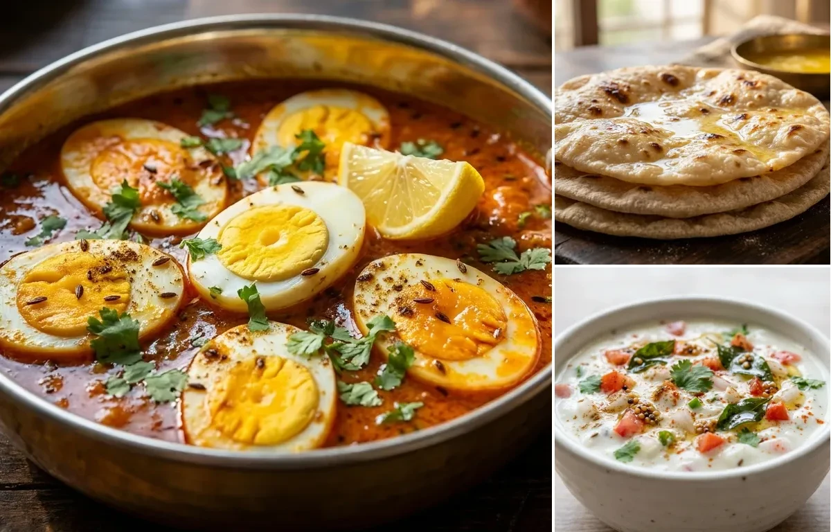 Egg Curry with Paneer Stuffed Moong Dal Chilla, Chapati and Onion Tomato Raita