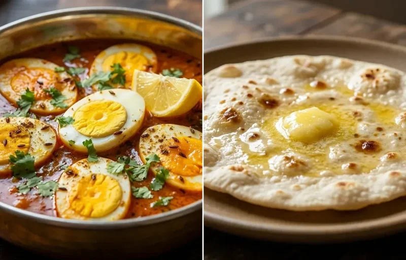 Egg Curry with Paneer Stuffed Moong Dal Chilla, Jowar Roti and Onion Raita
