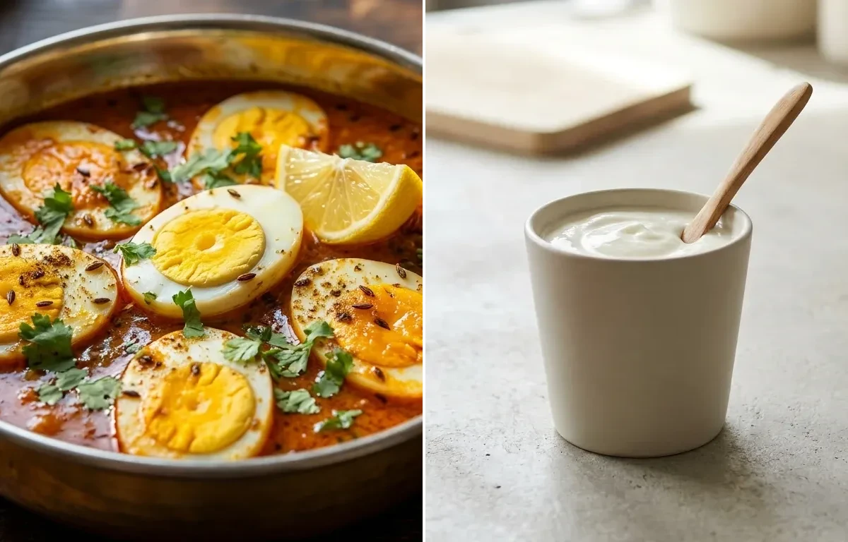 Egg Curry with Phulka Plate and Plain Yogurt Cup