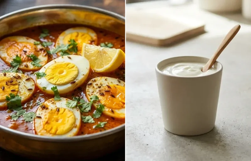 Egg Curry with Phulka Plate and Plain Yogurt Cup