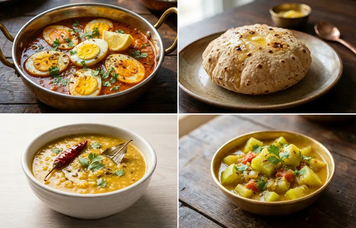 Egg Curry with Phulka with Moong Dal with Lauki Sabzi