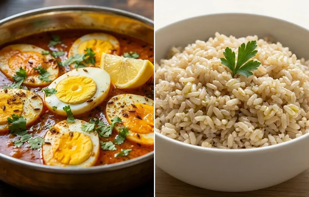 Egg Curry with Steamed Steamed White Rice and Cucumber Carrot Sticks With Mint Yogurt Dip