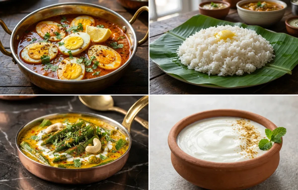 Egg Curry with Steamed Rice with Shahi Bhindi with Dahi