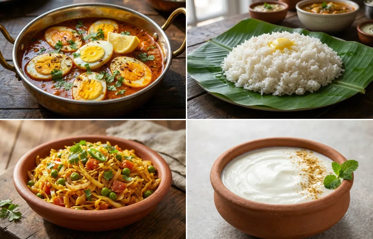 Egg Curry with Steamed Rice with Cabbage Sabzi with Dahi