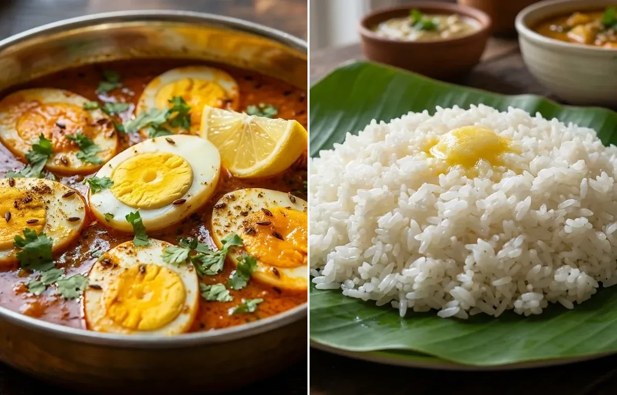 Egg Curry with Steamed Rice with Cucumber Salad
