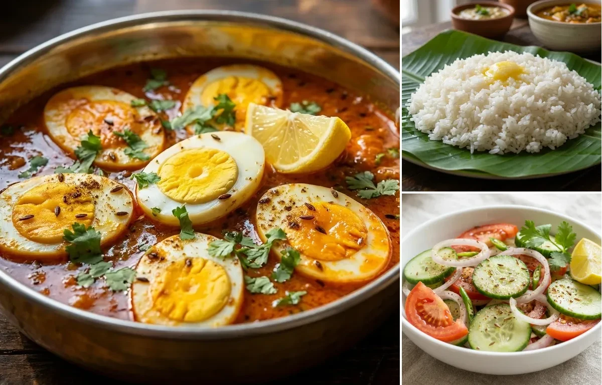 Egg Curry with Steamed Rice with Green Salad