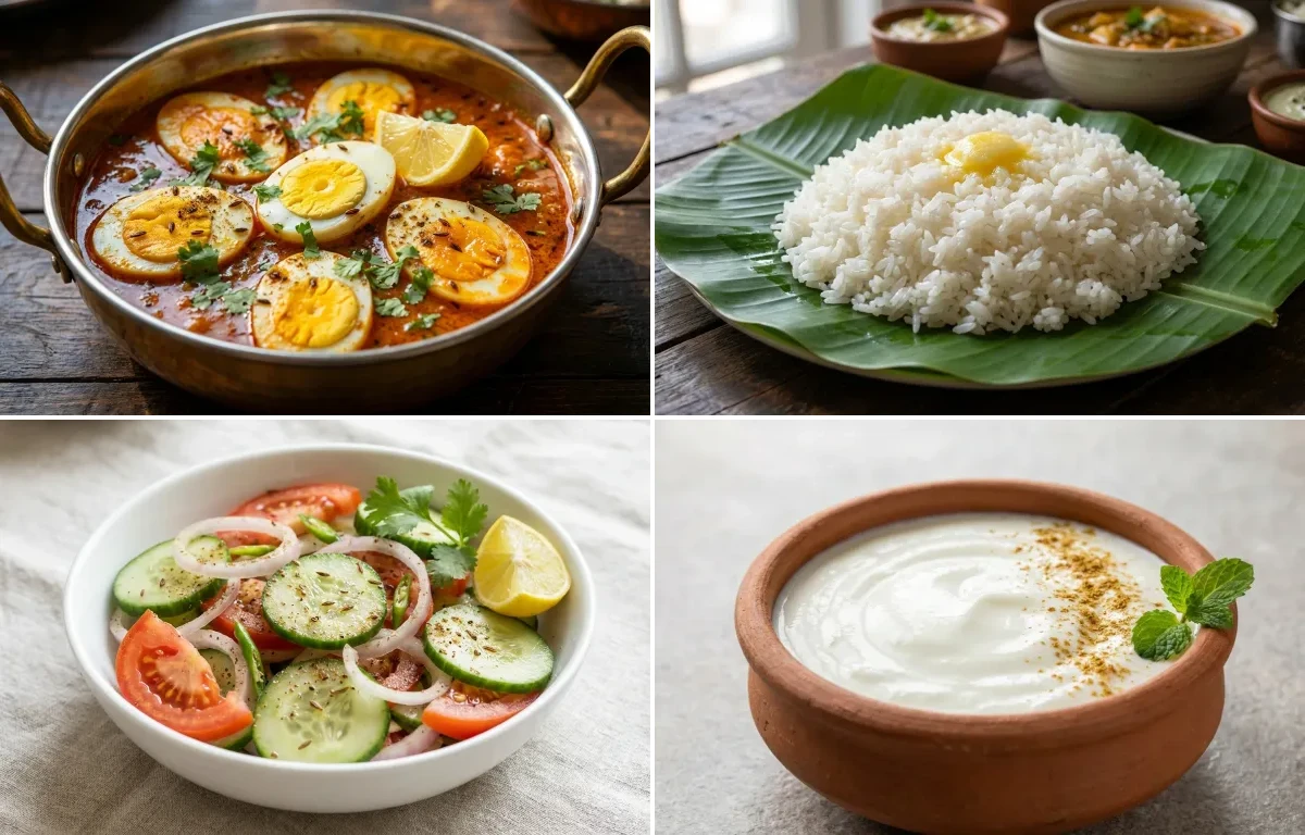 Egg Curry with Steamed Rice with Green Salad with Dahi