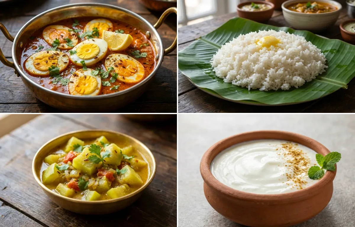 Egg Curry with Steamed Rice with Lauki Sabzi with Dahi