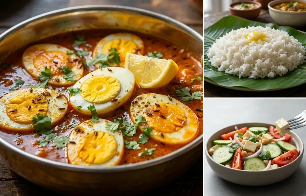 Egg Curry with Steamed Rice with Onion Cucumber Salad